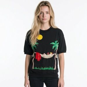 DUET | Vintage Black Tropical Hammock Island Beach Tee Women’s Size Small